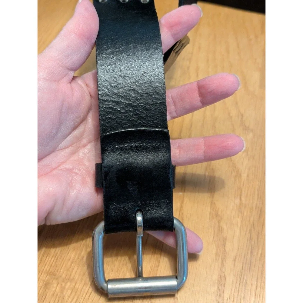 Rugged Black Real Leather Belt featuring a silver metal buckle &rivets 36